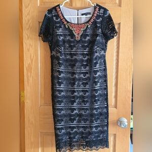 Sangria women's dress size 4 black lace short sleeve beaded neckline sheath